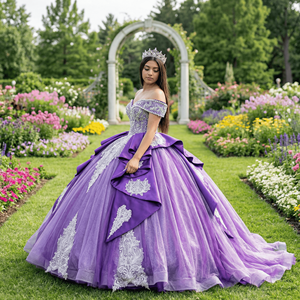 Vestidos de Quinceañera Brillantes Morados Wx87 con Cuello Barco y Apliques de Encaje para Niñas, Vestidos de Princesa para Fiesta de 16 Años y Baile de Graduación - Product Image 1