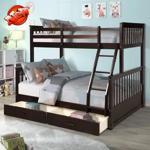New Upgrade & Stronger Bunk Beds Twin Over Full Size with 2 Storage Drawers & LadderThicken Solid Wood Bunk Bed Frame for Kids