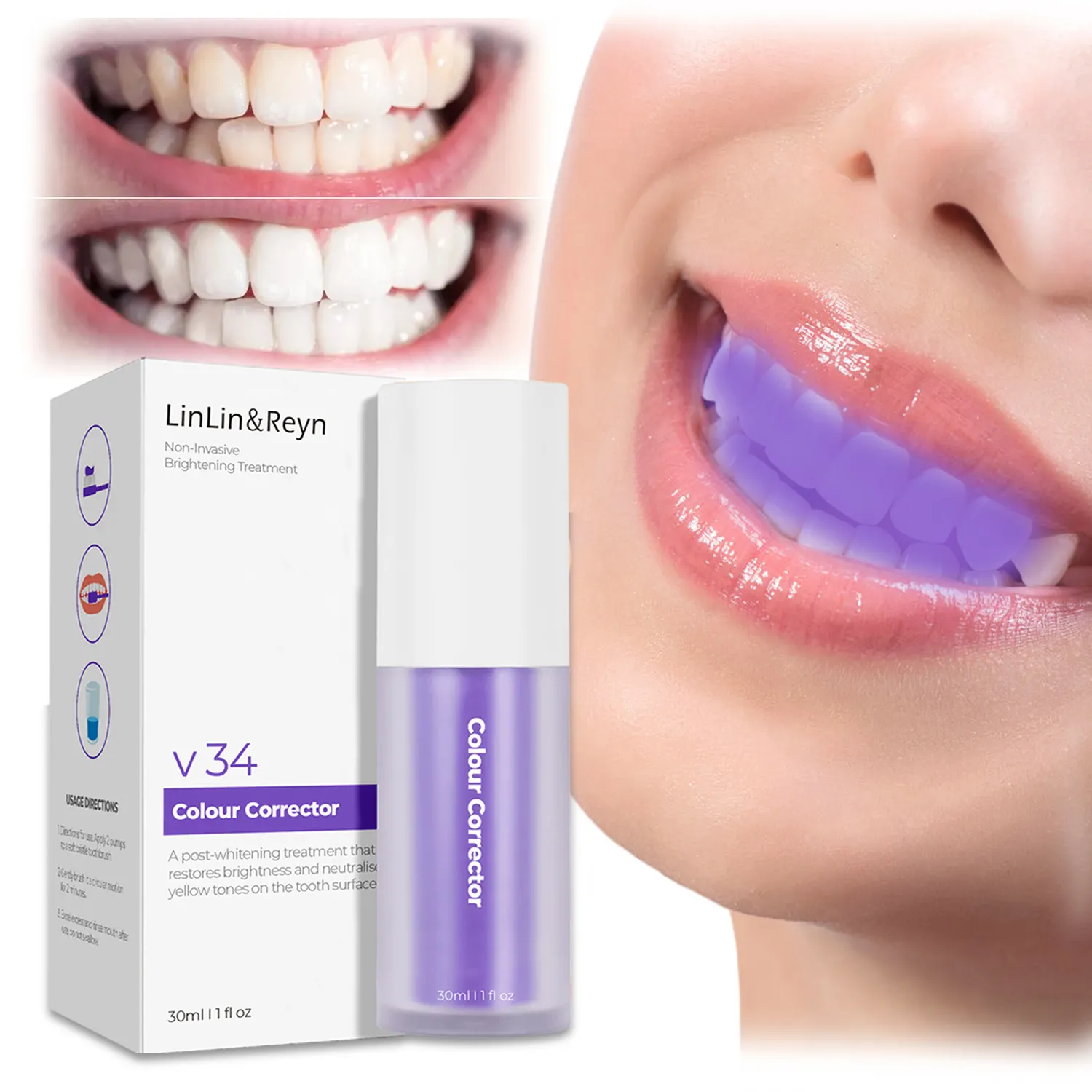 Eliminador de manchas dentales V34, Corrector de color púrpura, potenciador de blanqueamiento dental