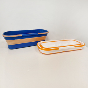 Folding Mop Bucket Silicone Drain Basin Rectangular Portable Hand Held Car Wash Cleaning Bucket Orange And Blue - Product Image 1