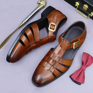 Men's Cross-Strap <b>Sandals</b> Genuine Leather Closed Toe Buckle Strap Summer Breathable Classic Style Rubber Outsole - Product Image 2