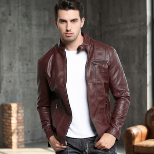 Chaqueta de cuero PU genuino para hombre, de piel de vaca recubierta, con cremallera vertical, para moto, transpirable, impermeable, teñido liso, precio mayorista - Product Image 2