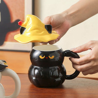 Tasse en céramique fantôme créative et mignonne avec couvercle, motif chat et chapeau magique d'Halloween, tasses de couple pour la maison