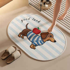 Tapis de salle de bain ovale avec broderie de chien de dessin animé, imitation lin, absorbant, antidérapant, pour salle de bain - Product Image 3