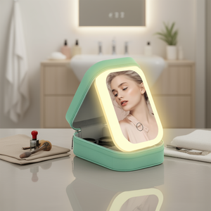 Espejo LED portátil de viaje, recargable, con luz de 3 colores, regulable, estuche para cosméticos con cierre de cremallera, verde - Product Image 2