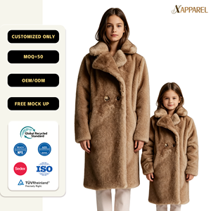 A&J Grossiste Fabricant Manteau Long en Fausse Fourrure Teddy Assorti Maman et Moi Double Boutonnage Camel Angora Filles Enfants Hiver 2026 - Product Image 1