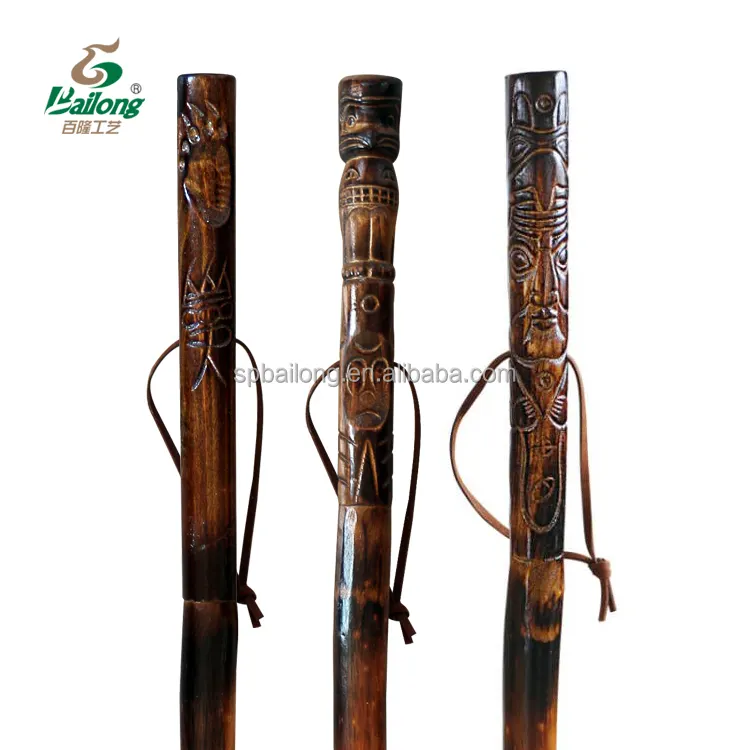 15 years factory carved indian totem design handle varnished natural vintage wooden walking stick