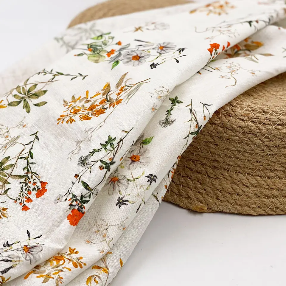 wholesale women breathable dress material suppler custom 65 35 digital reactive flower floral printing cotton linen fabric