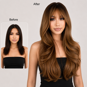 Perruque longue ondulée châtain chaud <span class=keywords><strong>avec</strong></span> <span class=keywords><strong>frange</strong></span>, en fibre synthétique, pour femme, vente en gros, directement de l'usine - Product Image 2