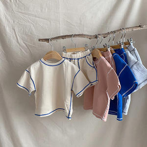 HT23D107035 Nouvelle Collection Été Mode Bébé Garçon Ensemble 2 Pièces T-shirt Bleu Beige Côtelé et Short - Product Image 1