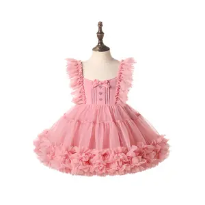 2024夏の女の赤ちゃんふわふわドレスノースリーブロリータチュチュスカート子供のためのかわいいマルチカラープリーツドレス