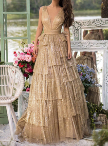Vestidos de Noche Elegantes de Alta Calidad con Escote en V y Volantes en Línea <span class=keywords><strong>A</strong></span>, Diseño de Vestidos de Fiesta con Capas - Product Image 3