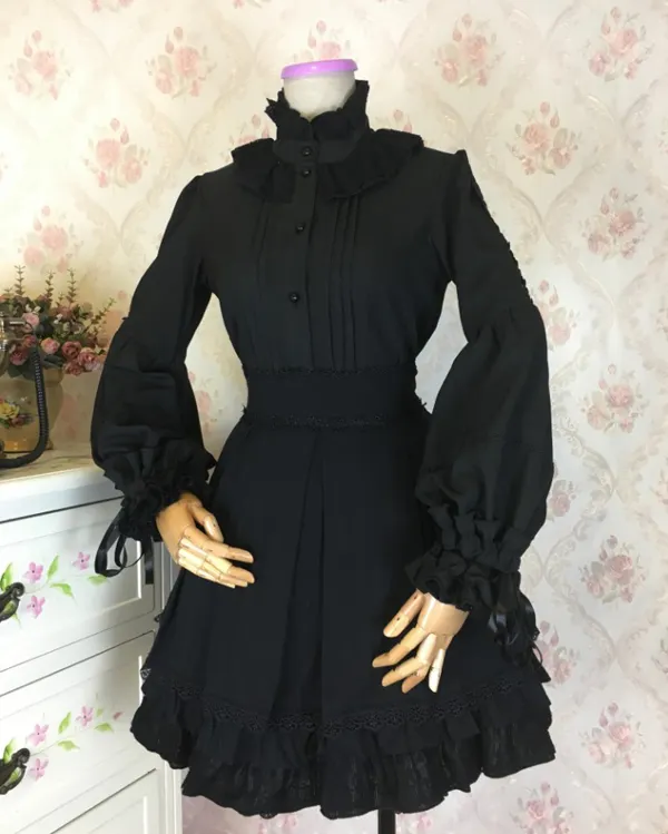 Vestido de corte Lolita gótico Vintage encaje burbuja manga camisa primavera y otoño manga larga cuello de pie blusa