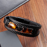 Bracelet en cuir tressé multicouche pour homme avec fermoir magnétique en pierre naturelle Œil de tigre jaune, vente en gros, cadeau pour homme