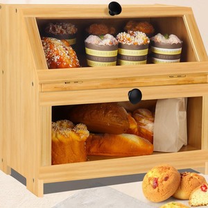 กล่องขนมปังไม้ไผ่สองชั้นพร้อมประตูกระจกสำหรับเก็บอาหารในครัว - Product Image 1