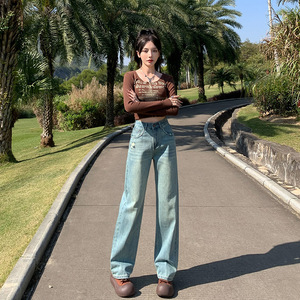 Pantalones vaqueros Retro azul claro de cintura alta con diseño delgado, versión estrecha recta, rasgados con pantalones de pierna ancha sueltos - Product Image 1