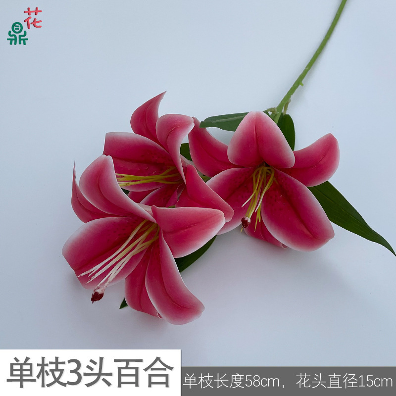 Petit lys à une seule tige à 3 têtes avec feuilles JYG Rose rouge