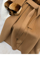 Manteau cape trench ample en laine et cachemire pour femme, automne-hiver, avec revers, poches en fourrure de chinchilla et de lapin Rex teintées, vêtement d'extérieur chaud pour femme