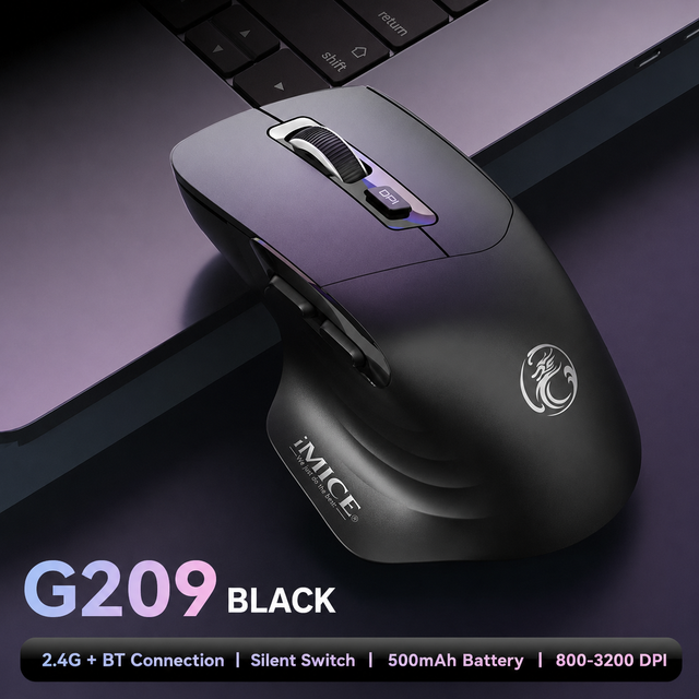Silent Wireless Mouse 2.4G BT Dual Mode Rechargeable 500mAh Right-Hand Ergonomic 6 Buttons 800-3200 DPI for Office Gaming