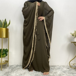 6529# Fashion Muslim <b>Islamic</b> Abaya Big Batwing Gold Lace Sleeves Middle With Lining Breathable Chiffon Ramadan EID Dress - Product Image 3