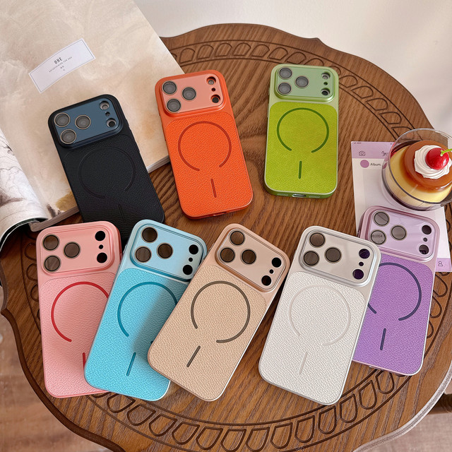 V Texture PU Leather Simple Phone Case for iPhone Air 13 14 15 16 17Pro Max Wireless Charging Magnetic Lens Film Protector Cover