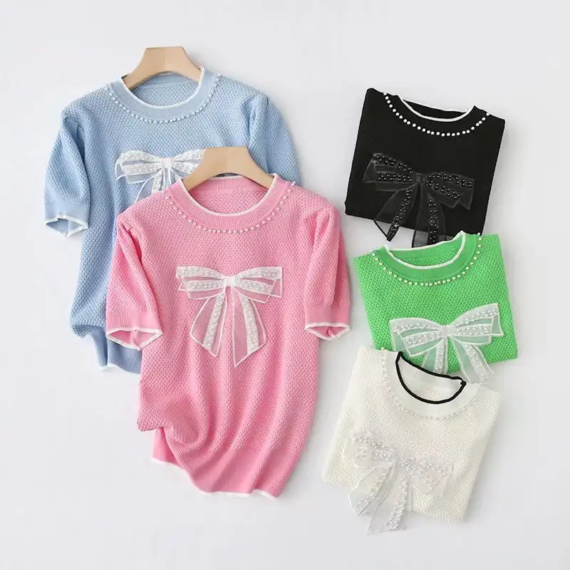 Summer New Round Neck Beaded Bow Decorated Short Sleeve Sweater Tops 2022 Summer Cheap Ladies Shirts Blouses Tops Women