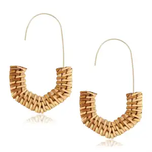 Trọng lượng nhẹ hình học mây Bông tai làm bằng tay rơm wicker bện Hoop thả dangle Bông tai