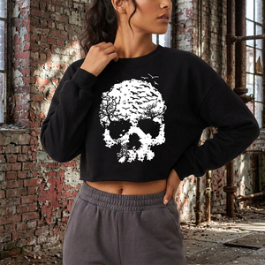 Customize <b>Women</b> Halloween Print <b>Crop</b> Sweatshirt Long Sleeve Crew Neck Casual <b>Top</b> Orange <b>Black</b> Knitted 100% Cotton Autumn Style - Product Image 6