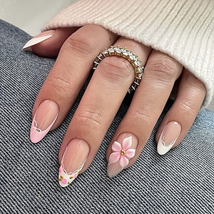 <span class=keywords><strong>Uñas</strong></span> <span class=keywords><strong>Postizas</strong></span> a Granel, Color Rosa Nude, con Borde Irregular Desgarrado, Degradado 3D con Flores Rosas, <span class=keywords><strong>Uñas</strong></span> <span class=keywords><strong>Postizas</strong></span> Cortas en Forma de Almendra - Product Image 2