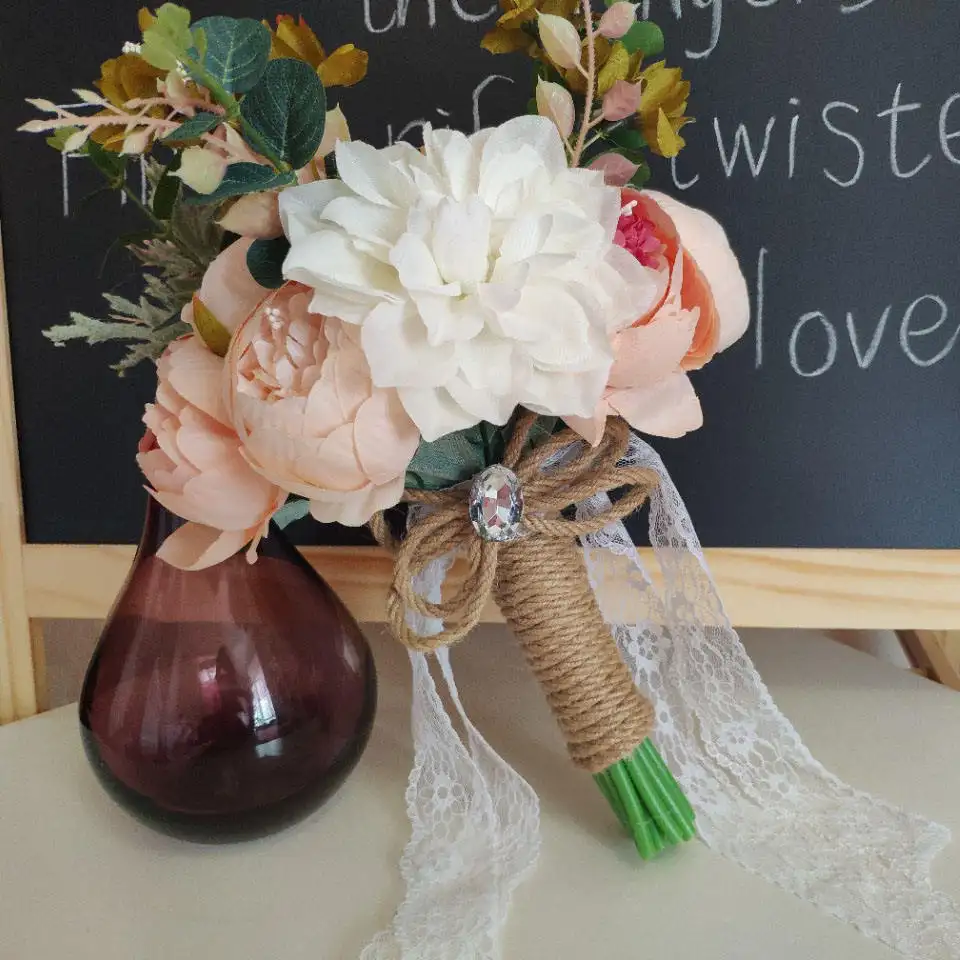 Nicro Bouquet de fleurs en soie faites à la main pour mariage, Bouquet de fleurs artificielles pour demoiselle d'honneur, vente en gros, pivoine européenne, douche nuptiale