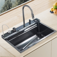 Évier de cuisine en acier inoxydable 304/201, cascade LED, multifonctionnel, fait à la main, évier de cuisine à cuve unique avec robinet