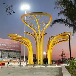 BLVE Large Outdoor Garden Decoration European Style Metal Statue Abstract Yellow Stainless Steel Leaves Sculpture light