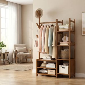 Porte-vêtements SENYU en bambou, étagère de rangement pour chambre à coucher, organisateur de vêtements, porte-chapeaux, armoire avec 6 crochets - Product Image 5