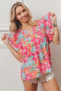 Maßgefertigte Großhandels-Damenbluse mit Lebhaftem Blumenmuster, Kurzen Flatterärmeln, V-Ausschnitt, Sommerlicher Boho-<span class=keywords><strong>Peplum</strong></span>-Stil - Product Image 6