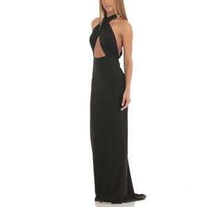 Vestido Largo Maxi Negro Sexy con Cuello Halter y Abertura Cruzada en la Parte Delantera, Estilo Slinky, Personalizado, Gran Venta - Product Image 2