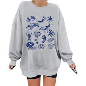 Sudadera Oversize de Algodón de Manga Larga para Mujer FOXA con Estampado Gráfico Oceánico de Tortuga, Ballena y Vida Marina, Hombros Caídos - Product Image 1