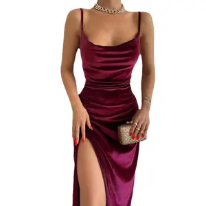 Foreign Trade Spot Hot Selling Women Sexy High Slit Midi Dress No Back Halter Slim Dress