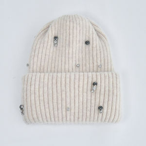 Berretto invernale da donna in lana d'angora lavorato a maglia per donna cappello con diamanti lucidi e scintillanti a maglia con decorazione gioielli - Product Image 5