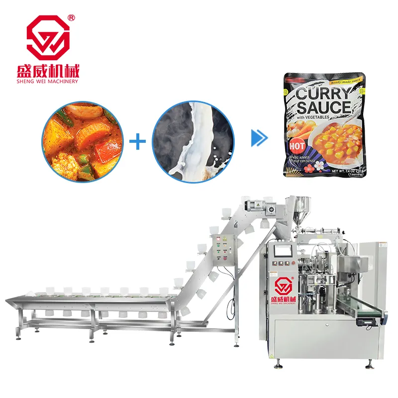 Shengwei automatische Doypack Packung vorgefertigte Lebensmittel Lachs Rindfleisch Suppe Füllung Tomaten Fleisch Soße Standbeutel Packmaschine