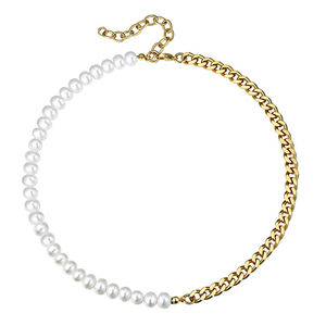 Mode Retro Heren Parel Ketting Vrouwen Half Parel Halve Ketting Ketting Rvs Zilver Cubaanse Link Ketting Kraag - Product Image 3