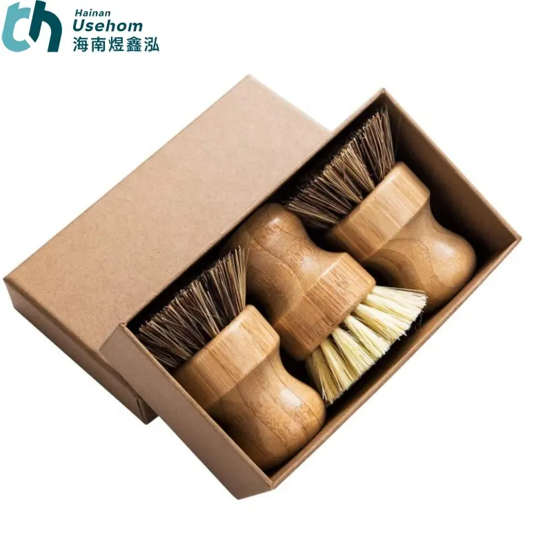 Sikat Pot palem-kayu bambu bulat 3 Pak sikat piring Mini sikat Scrub alami Kit pembersih Scrubber tahan lama dengan serat Union