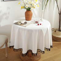 Nappe rustique style ferme avec pompons noirs, en coton et lin résistant, pour cuisine et salle à manger