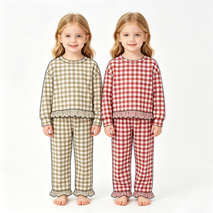 Conjuntos de Ropa para Bebés Niñas con Estampado a Cuadros Personalizado, Manga Larga con Volantes, Ropa a Juego al por Mayor, Algodón Orgánico Suave y Bonito - Product Image 1