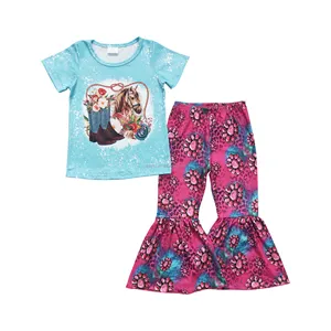 Wholesale Factory Infant Country Girls Western Horse Short Sleeve Top Bell Bottom Pants Boutique Set Designer Baby Clothing