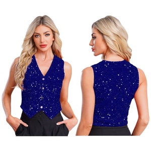 Women Fashion Performance Dancewear Solid Color V-Neck Sleeveless Sparkly <b>Sequin</b> Vest <b>Tops</b> Cocktail Party Banquet Nightclub - Product Image 5
