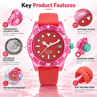 Montre mécanique automatique transparente en cristal personnalisée en usine, étanche 5ATM, bracelet en silicone lumineux, montre de sport pour homme