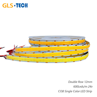 Bande LED COB à double rangée, 600 LED/m, couleur unique, DC24V, 12mm, 24W/m, CRI élevé, bande flexible sans soudure pour l'éclairage des bureaux