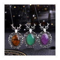Colgante de alce de piedra de Aventurina Natural, cristal curativo, amatista, cabujón ovalado, cuenta Vintage, ciervo Sika, collar con colgante de cuerda negra
