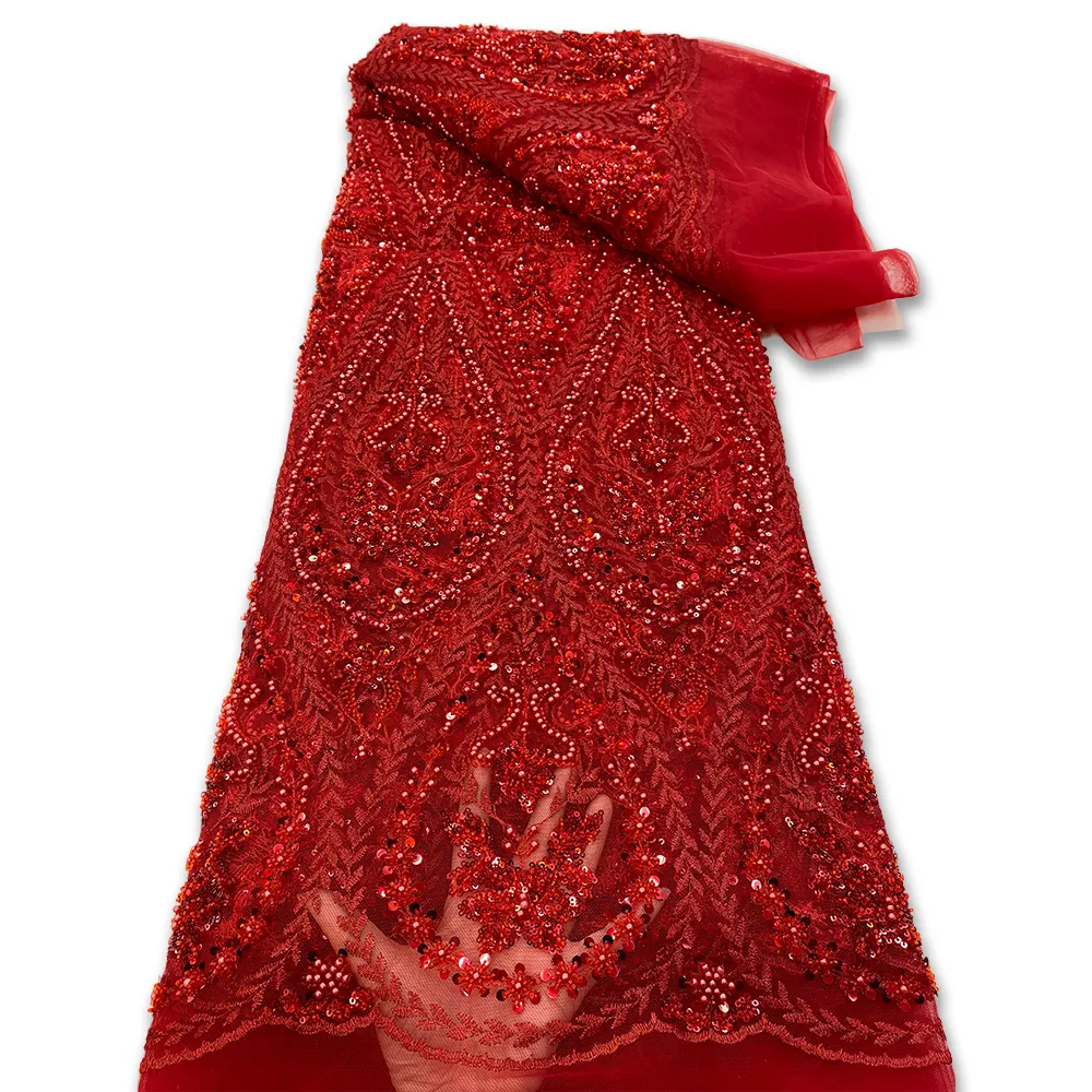 HFX красная французская кружевная ткань с сильно вышитыми бисером 2022 Роскошная сеточная кружевная ткань ручной работы с бусинами материал для свадебного платья