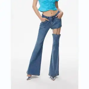 A8665 Großhandelspreis Mode Freizeitjeans Streetwear sexy vielseitig Schneiden Metall Freizeit Flare Hosen Damen Damenhosen